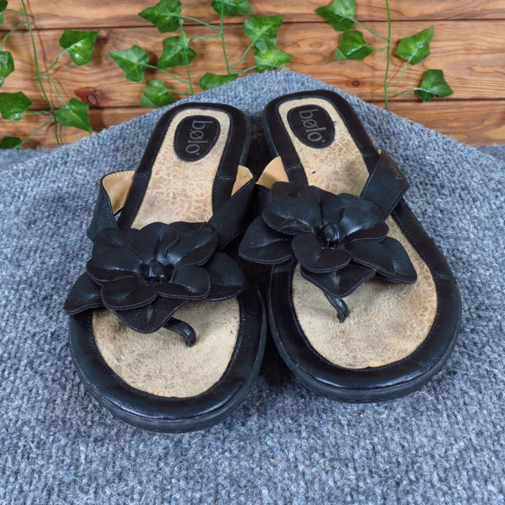 Bolo Women Thong Sandals Size 10 Casual Comfort Flower Embellished Black Slides - Picture 2 of 6